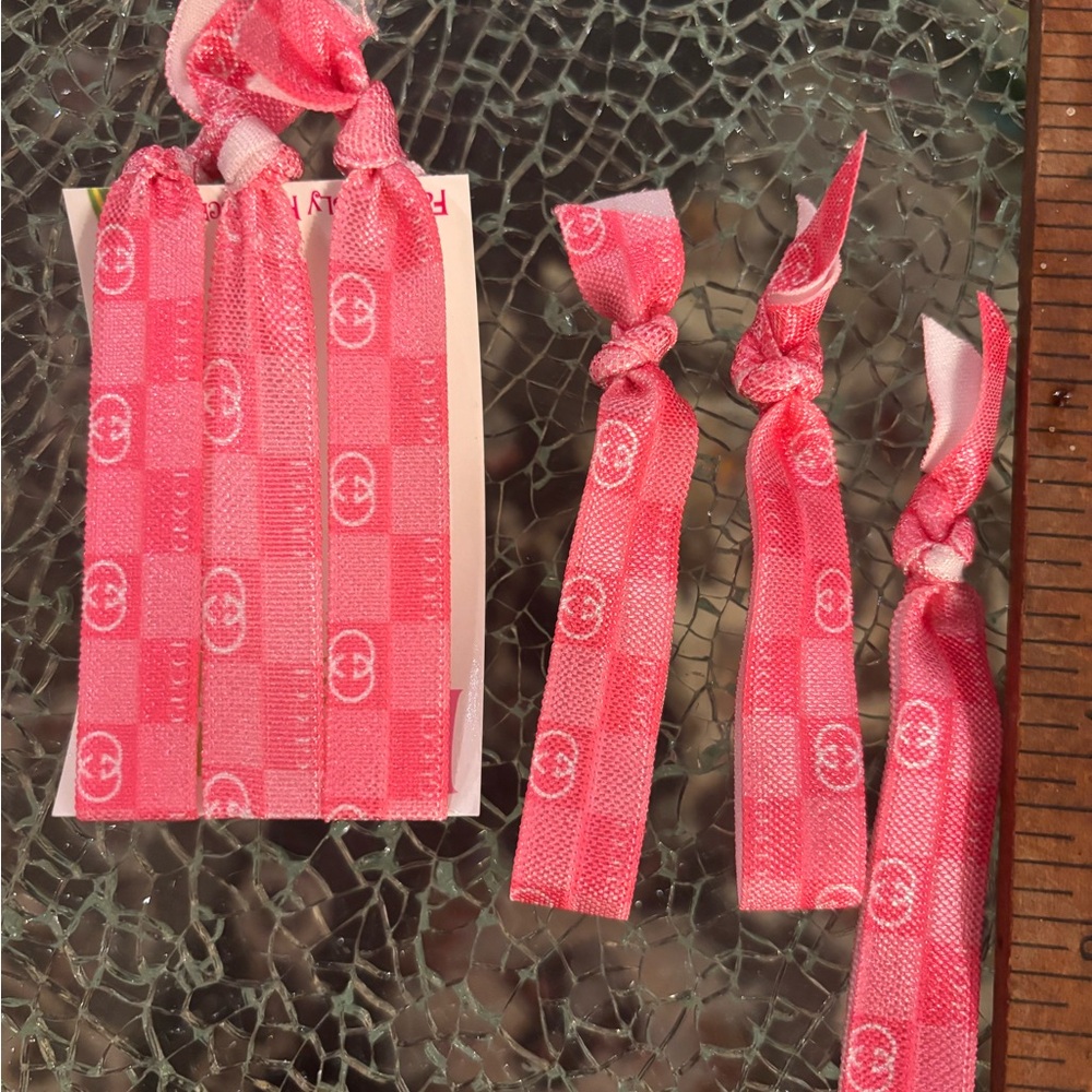Three Pink upcycled Hair elastics - flat elastic ties with iconic logo